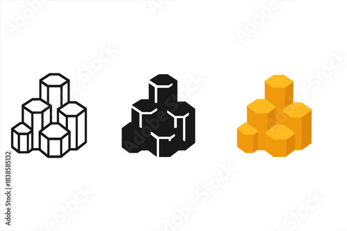 Hive Rock Formations. three minimal vector icons of a hive-inspired rock formation made of stacked basalt blocks, line outline