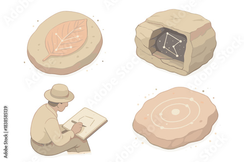 Stellar Fossil Imprints. Isometric vector illustration set Stellar imprints: fossilized leaf glowing with constellation lines,