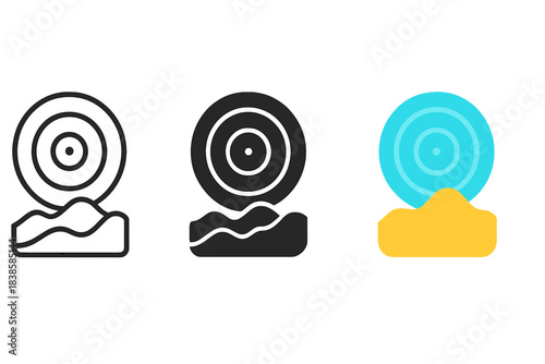 Sonar Icons. three minimal vector icons of sonar rings revealing terrain contours like a sound-based map, line outline style,