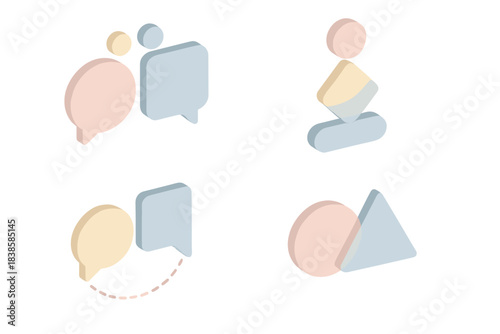 Abstract Geometric Dialogue. Isometric vector illustration set Visual dialogue system: abstract meeting of shapes, soft gradients