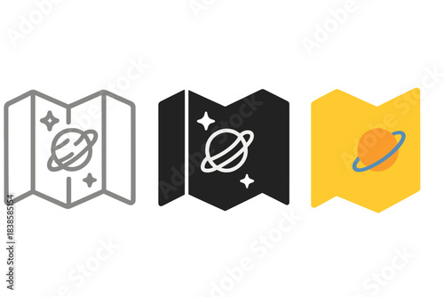 Minimal Cosmic Map Icons. three minimal vector icons of a cosmic map rendered in gelatin silver aesthetic tones, line outline