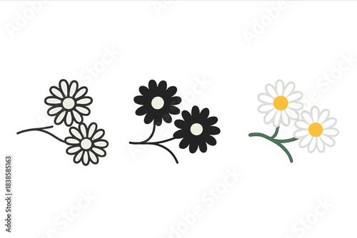 Intertwined Daisy Icons. three minimal vector icons of intertwined daisy flowers arranged in a gentle chain motif, line outline