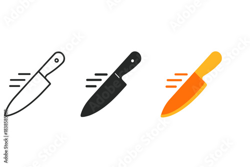 Minimalist Knife Icons. three minimal vector icons of a minimalist chef knife with motion lines symbolizing quick cuts, line