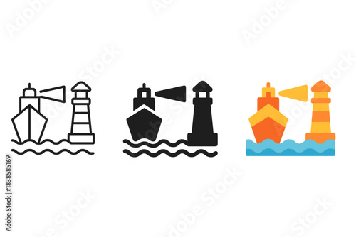 Ship Approaching Harbor Icons. three minimal vector icons of a ship approaching harbor guided by a lighthouse beam, line outline