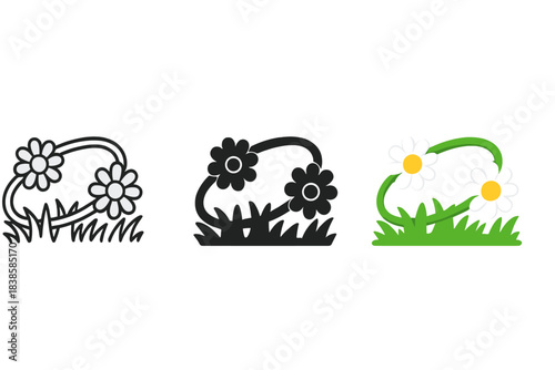 Floral Garland Icons. three minimal vector icons of a floral garland made of linked daisies lying in a meadow, line outline style,