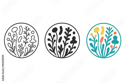 Colorful Bacterial Artistry. Circular culture plot showing diverse bacteria as colorful plant forms, first in line style with thin