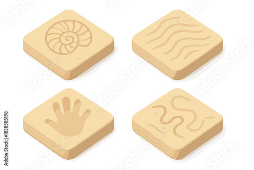 Fossil Sand Marks. Isometric vector illustration set Fossilized sand marks: preserved icon reliefs, compressed grains, gentle