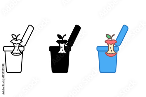 Apple Core Styles. Half-eaten apple core resting inside a small open bin with clean minimalist shape, first in line style with