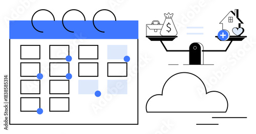Financial balance concept. Financial decisions with balanced priorities of money, health, and data storage. Financial balance enhances productivity and resource allocation. Ideal for finance