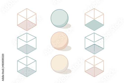 Minimal Geometric Elegance. Isometric vector illustration set Hollow perspective: series of thin outlined 3D cubes and spheres,