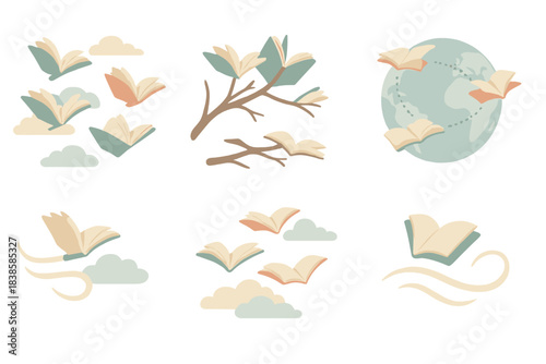 Books Taking Flight. Isometric vector illustration set Paper flight season: books lifting off like migrating birds, open wings of