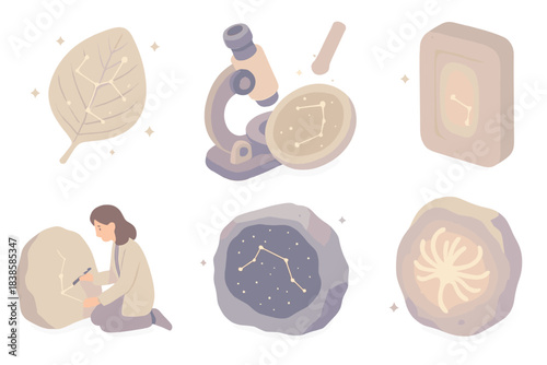 Celestial Paleobotany Icons. Isometric vector illustration set Cosmic paleobotany: preserved leaf veins forming constellations,