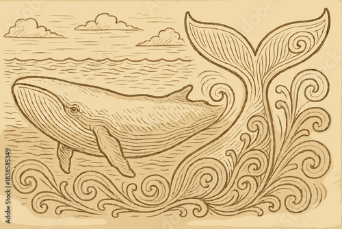 Ornate Whale Carvings. Close-up of carved ivory surface showing detailed whale scene and tail flourish, first in line style with