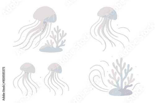 Marine Glow Symphony. Isometric vector illustration set Marine glow symphony: transparent jellyfish floating near glowing coral