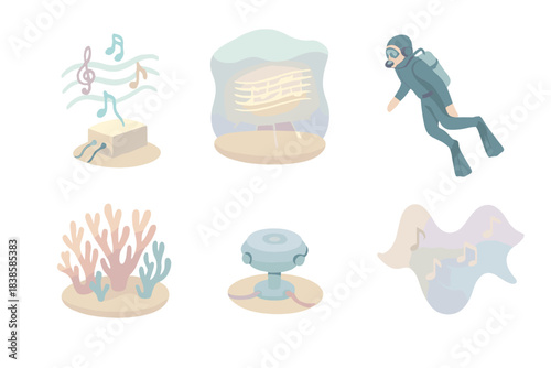 Marine Music Symphony. Isometric vector illustration set Marine concert system: classical music data flowing through ocean cables,
