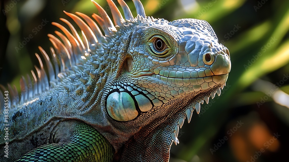 Fototapeta premium Green iguana basking in natural sunlight showing textured scales and detailed eye