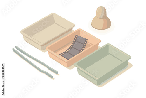 Classic Darkroom Setup. Isometric vector illustration set Classic darkroom setup: plastic trays labeled developer, stop bath,