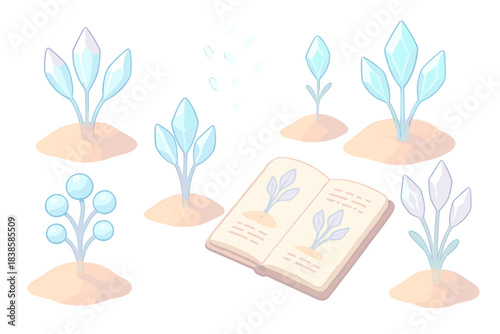 Glowing Alien Flora. Isometric vector illustration set Extraterrestrial flora catalog: glowing alien plants with translucent stems