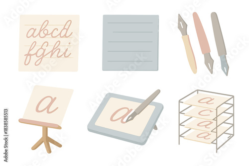 Calligraphy Workshop Tools. Isometric vector illustration set Hand lettering workshop: alphabet samples, guide lines, pen nibs,