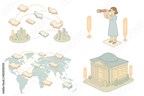 Aerial Book Network. Isometric vector illustration set Aerial library network: swarm of books traveling between cities, navigation