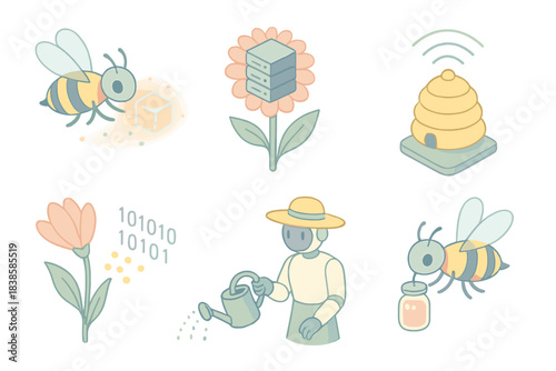 Digital Pollination Network. Isometric vector illustration set Data pollination network: digital bees carrying glowing data