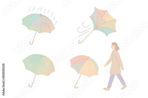 Chromatic Rain Canopy. Isometric vector illustration set Chromatic rain canopy: umbrella panels blending colors with temperature,
