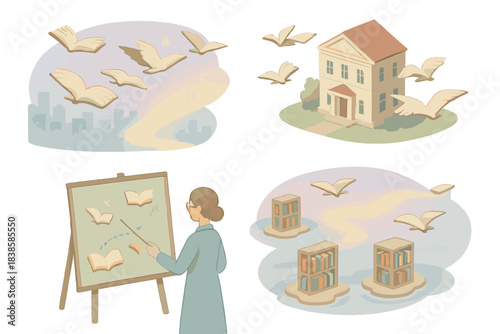 Flying Books in Motion. Isometric vector illustration set Knowledge in motion: flock of books soaring across city, pages