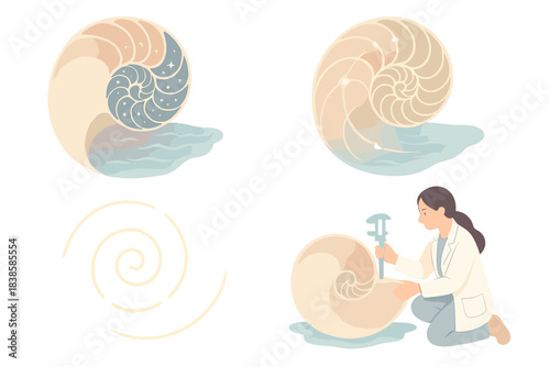 Nautilus Time Spiral. Isometric vector illustration set Biological time spiral: nautilus shell as natural calendar, shell chambers