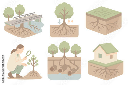 Eco-Structural Systems. Isometric vector illustration set Eco-structural systems: tree root grid supporting bridges, roots