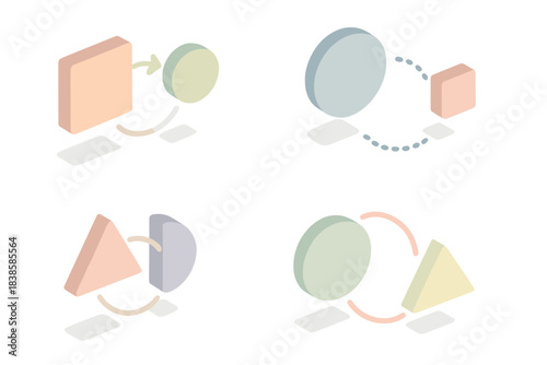 Abstract Geometry Dialogue. Isometric vector illustration set Abstract geometry dialogue: simple shapes exchanging position and