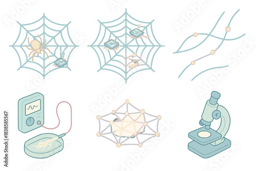 Biotech Web Integration. Isometric vector illustration set Biotech communication weave: spider silk integrated with microdevices,