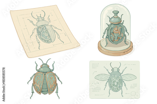 Victorian Insect Mechanics. Isometric vector illustration set Victorian insect mechanics: beetle blueprint showing inner gears and