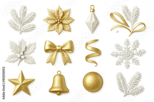 Elegant Christmas ornaments and decorations in gold and white on a black background