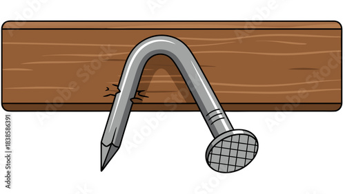 Bent Metal Nail Fastened Into Brown Wooden Plank Against Black Background With Jagged Wood Edges Visible