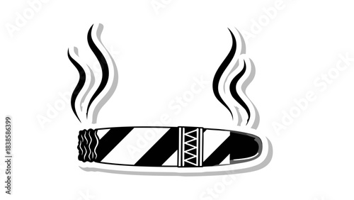Black and White Illustration of a Smoldering Cigar with Smoke Wisps on a Dark Background Featuring Diagonal Stripes on the Wrapper