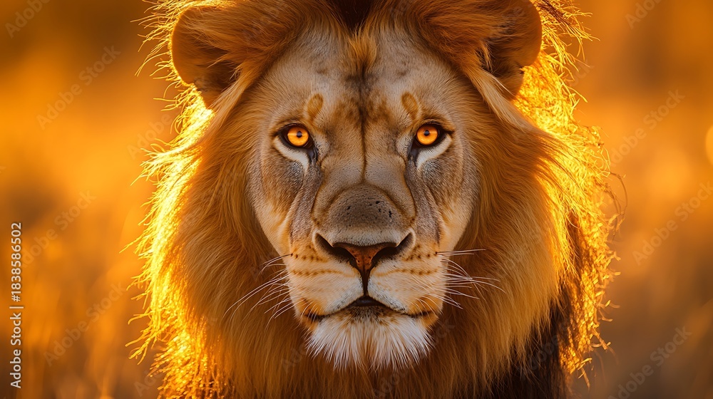 Fototapeta premium Close up male lion with glowing orange eyes staring directly at camera at sunset