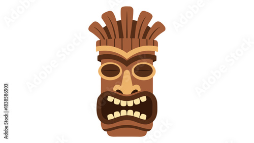 Ancient Tribal Tiki Mask with Fierce Expression and Wood Texture Isolated on Black Background Symbolizing Polynesian Culture and Mysticism