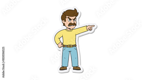 Angry Man With Mustache Pointing Finger Aggressively Wearing Yellow Shirt Blue Jeans Demonstrating Frustration And Displeasure With Intense Facial Expression Isolated On Black Background