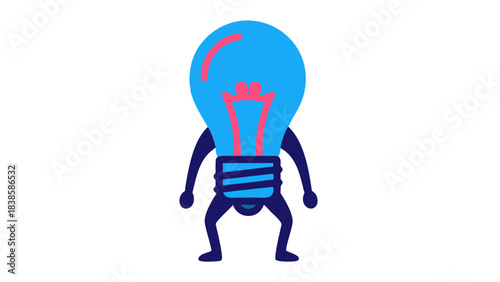 Anthropomorphic Blue Light Bulb Character with Pink Filament Standing Against a Black Background