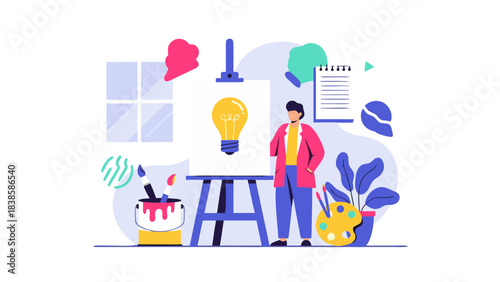 Artist Painting A Bright Lightbulb Idea On Canvas In A Studio With Plants And Art Supplies A Creative Concept