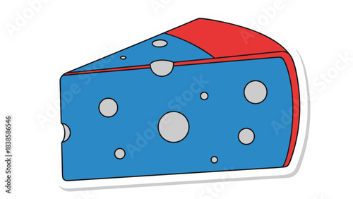 Artistic Representation of a Cheese Wedge with Blue and Red Sections and Gray Holes on a White Background