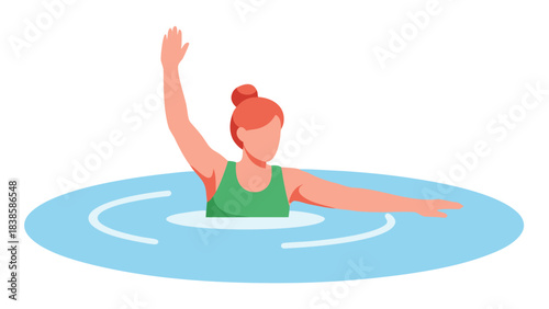 Artistic Representation of a Woman Performing Synchronized Swimming in Blue Water with Ripples and Arms Extended in a Dynamic Pose