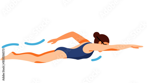 Athletic Woman Swimming Freestyle Stroke With Blue Water Trails In A Dark Environment With Minimalist Style