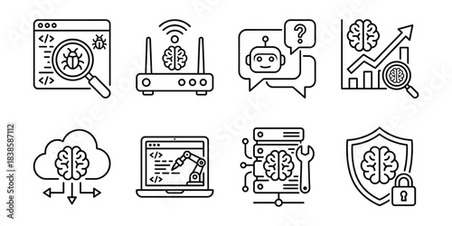 Artificial intelligence in software testing and network security line icons set