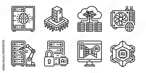 Artificial intelligence hardware and server components line icons set