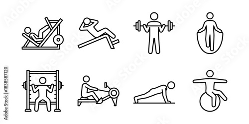 Gym equipment and fitness exercise line icons set