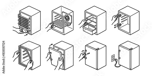 Mini fridge installation and maintenance instructions line icons set