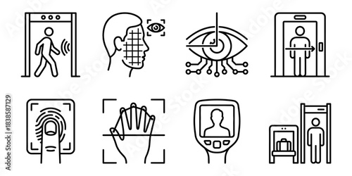 Security checkpoint and airport screening line icons set