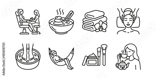 Beauty salon and spa relaxation line icons set