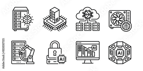 Artificial intelligence hardware and server components line icons set